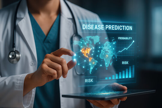 Disease prediction medical technology healthcare innovation digital health risk analysis probability graph world map doctor tablet futuristic interface data visualization global health medical