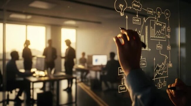 M&atilde;o escrevendo dados de neg&oacute;cios em quadro transparente