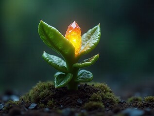 Glowing crystal plant growing from dark soil