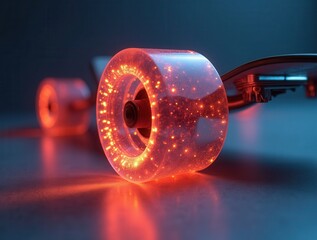 Skateboard wheel glowing with red LED lights at night