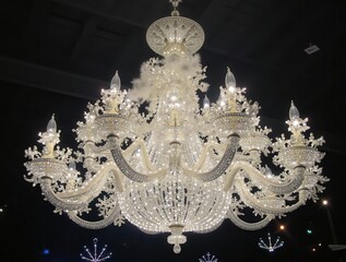 Large crystal chandelier illuminating dark room with elegance