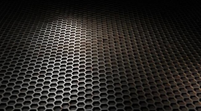Close-up de uma superf&iacute;cie met&aacute;lica com padr&atilde;o hexagonal escuro, iluminada suavemente, exibindo um movimento ondulado sutil que percorre a textura. Estilo futurista, atmosfera tecnol&oacute;gica, visual mini