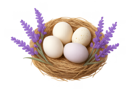 Easter eggs in nest with lavender on transparent background