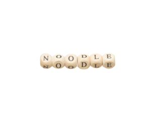 Alphabet letter wording "Noodle" bead toy flying over explosion flying in air. Noodle word alphabet letter show instant noodle ready to eat with hot water. White background isolated.