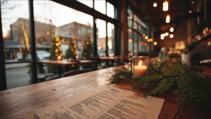 Cozy Restaurant Interior with Candlelit Table with menu and Christmas Decor by Large Windows