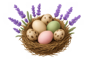 Easter eggs in nest with lavender on transparent background