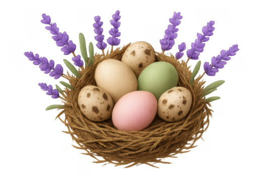 Easter eggs in nest with lavender on transparent background