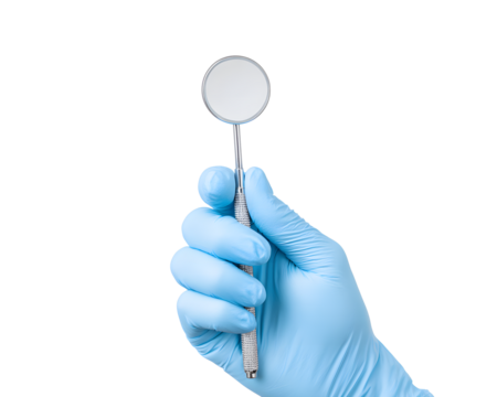 Professional dentist's hand in blue glove holding sterile dental mirror for examination and care