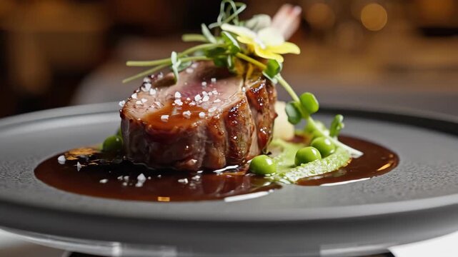 Gourmet lamb chop or steak with rich sauce, green peas, and microgreens on a dark plate in a fine dining restaurant setting.