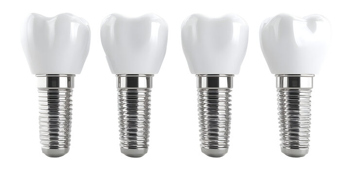 Four pristine white dental implants with detailed metallic screw bases stand ready for restoration and health