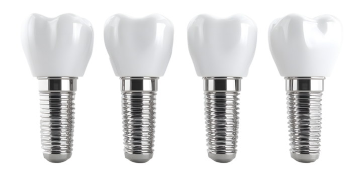 Four pristine white dental implants with detailed metallic screw bases stand ready for restoration and health