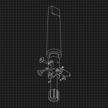 Mechanical engineering drawings. Tap tools, borer. Technical Design. Cover. Blueprint. Step Cutting Tool with Countersinking Function. Technical 3D Vector Illustration