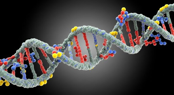 A detailed 3D rendering of a DNA double helix structure