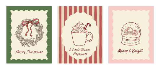 Set of Cute retro Christmas cards with wreath, hot drink, and snow globe vector illustration. Winter holiday background