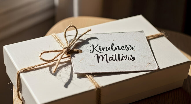 White Gift Box with "Kindness Matters" Tag for Charity Events, Donation Campaigns, Social Awareness Initiatives, and Community Support Programs