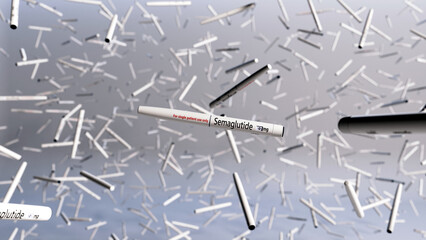 3d rendered image of a large number of semaglutide injection pens suspended in air