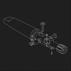 Mechanical engineering drawings. Tap tools, borer. Technical Design. Cover. Blueprint. Step Cutting Tool with Countersinking Function. Technical 3D Vector Illustration