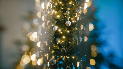 Dystopian Christmas tree at night in a house with white balls