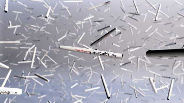 3d rendered image of a large number of semaglutide injection pens suspended in air