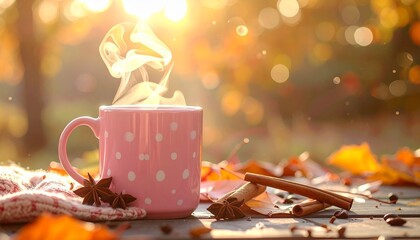 Coffee mug with polka dots and cinnamon steam rising.