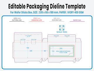 Editable packaging dieline template for wafer roll box. Real dimensions with cutting, creasing, and bleed guides. Ready-to-use vector file for printing and production setup.