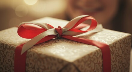 A gift box wrapped in patterned paper with a red and cream ribbon tied in a bow