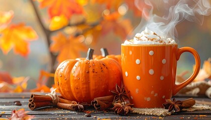 Coffee mug with polka dots and cinnamon steam rising.