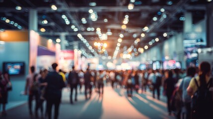Blurred of Trade fair expo trade show booth international business convention event showcase center with large scale crowd of people gathering to see product and service display. High quality