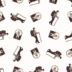 Christian pilgrim backpaker hand drawn seamless vector pattern. Religious home decor pilgrimage motif for scrapbooking paper. All over print for sunday school illustration. 