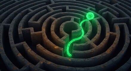 A glowing green viruslike entity navigates a dark stone maze