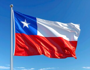 Naklejka premium Chilean flag waving under a clear blue sky is ideal for travel brochures, patriotic campaigns, and cultural presentations.