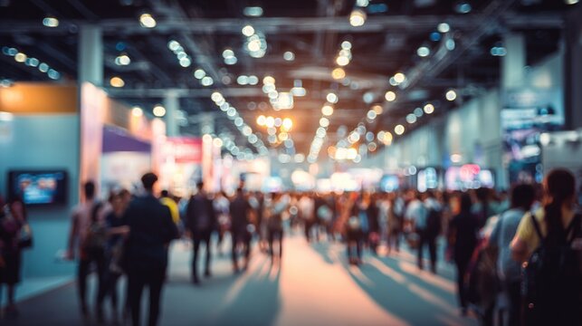 Blurred of Trade fair expo trade show booth international business convention event showcase center with large scale crowd of people gathering to see product and service display. High quality - Powered by Adobe