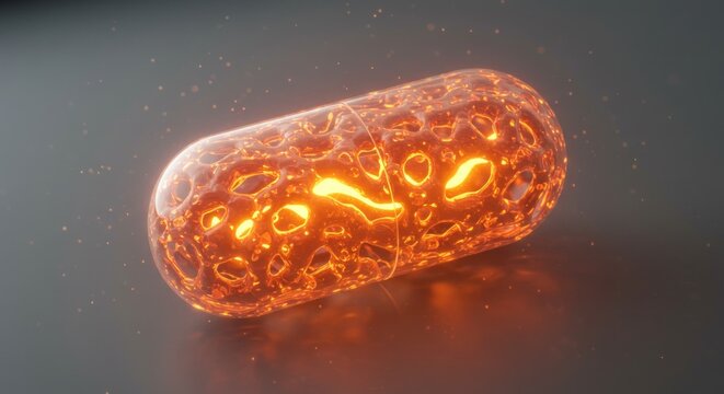 A glowing porous capsule with an orange molten interior - Powered by Adobe