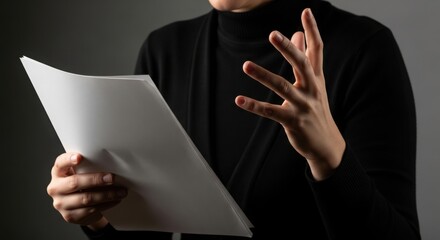 Woman reading paper explains alphabet project, using hands and gesturing, for clarity. Alphabet project review requires careful reading and dynamic hand motions to emphasize key points.