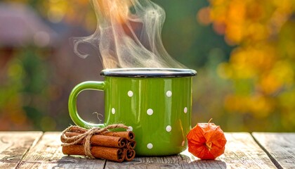 Coffee mug with polka dots and cinnamon steam rising.