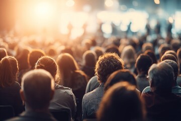 Rear view of Audience listening Speakers on the stage in the conference hall or seminar meeting, business and education about investment concept. High quality