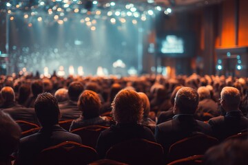 Rear view of Audience listening Speakers on the stage in the conference hall or seminar meeting, business and education about investment concept. High quality
