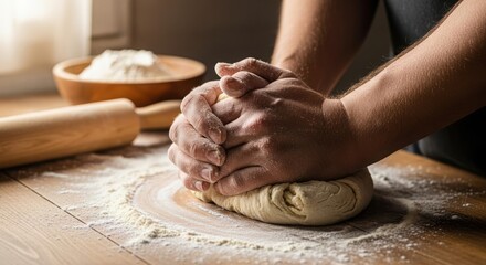 Kneading dough on a wooden board with flour, hands working diligently on dough. Kneading dough shows culinary passion, with flour dusting surfaces and creating texture, embodying commitment to baking.
