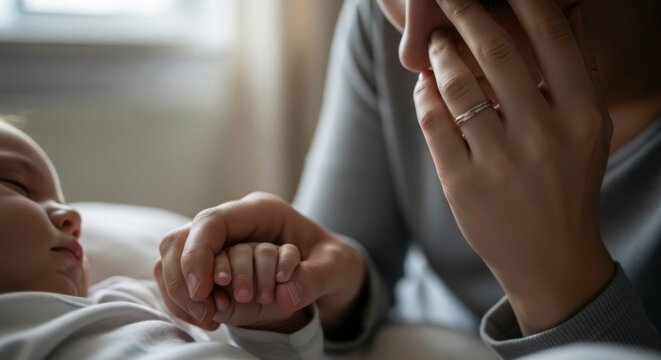 Stressed mother holds sleeping baby's hand, feeling overwhelmed and exhausted. This alphabet imagery depicts maternal stress after childbirth, including postpartum depression and feelings of anxiety. - Powered by Adobe