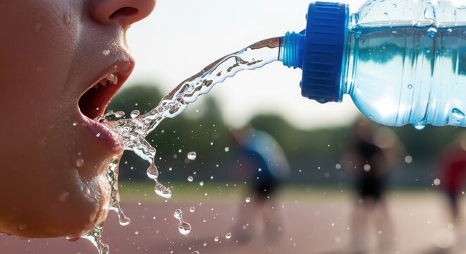 Quenching thirst with fresh water pouring from bottle into mouth, refreshing drink for dehydration, thirst relief. Water hydrates and energizes, offering crisp, clean refreshment. - Powered by Adobe
