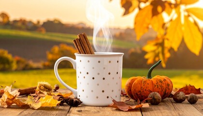 Coffee mug with polka dots and cinnamon steam rising, cozy Thanksgiving feel.