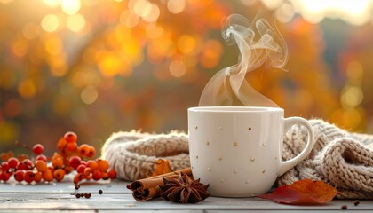 Coffee mug with polka dots and cinnamon steam rising, cozy Thanksgiving feel.