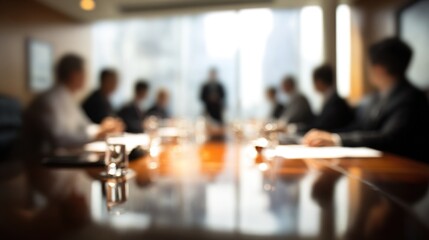 Business Roundtable Blur: A business roundtable setup with executives and round table discussion, softly blurred to emphasize strategic planning and collaborative decision-making. High quality