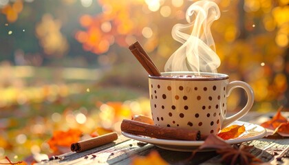 Coffee mug with polka dots and cinnamon steam rising, cozy Thanksgiving feel.
