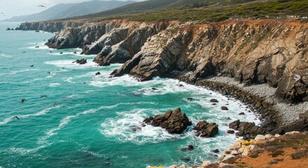 Birds fly over rugged cliffs and turquoise ocean waves