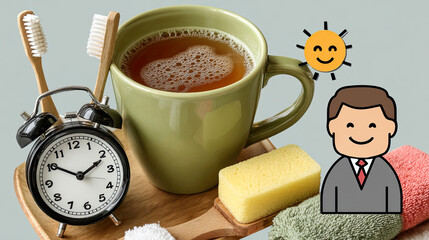 Morning wake-up with tea cup, clock, and animated graphic elements. AI-generated