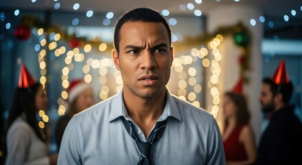 Confused Man in Formal Attire at Holiday Party with Decorations and Guests