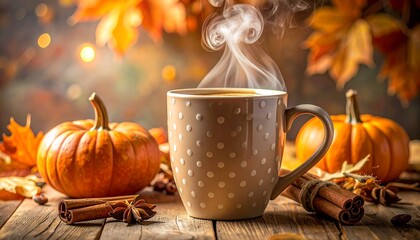 Coffee mug with polka dots and cinnamon steam rising, cozy Thanksgiving feel.