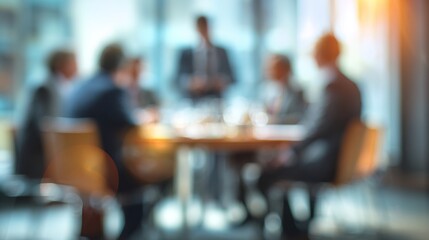 Business Roundtable Blur: A business roundtable setup with executives and round table discussion, softly blurred to emphasize strategic planning and collaborative decision-making. High quality