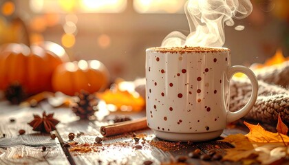 Coffee mug with polka dots and cinnamon steam rising, cozy Thanksgiving feel.
